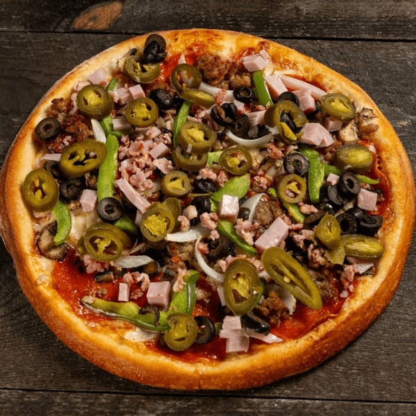 A whole pizza with ham, sausage, black olives, green peppers, onions, and jalapeños on a wooden surface.