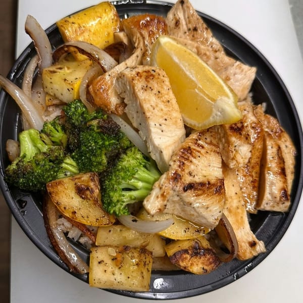 Grilled chicken, broccoli, and roasted vegetables with a lemon wedge in a black bowl.