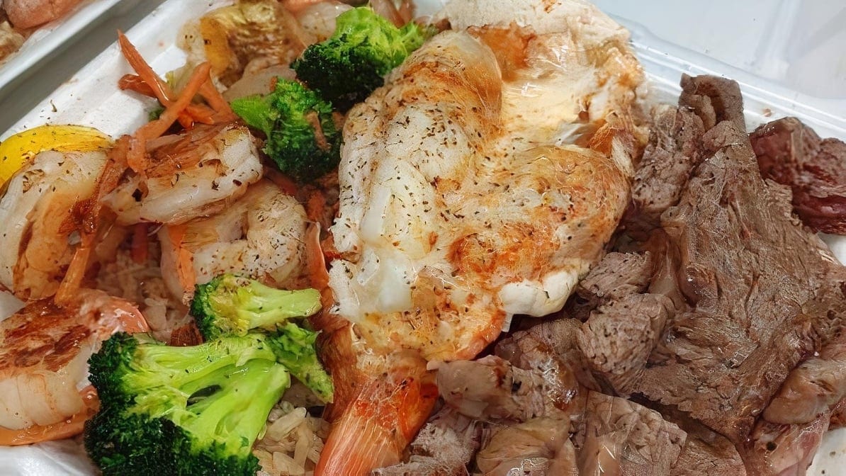 Steak Shrimp& Salmon Bowl.