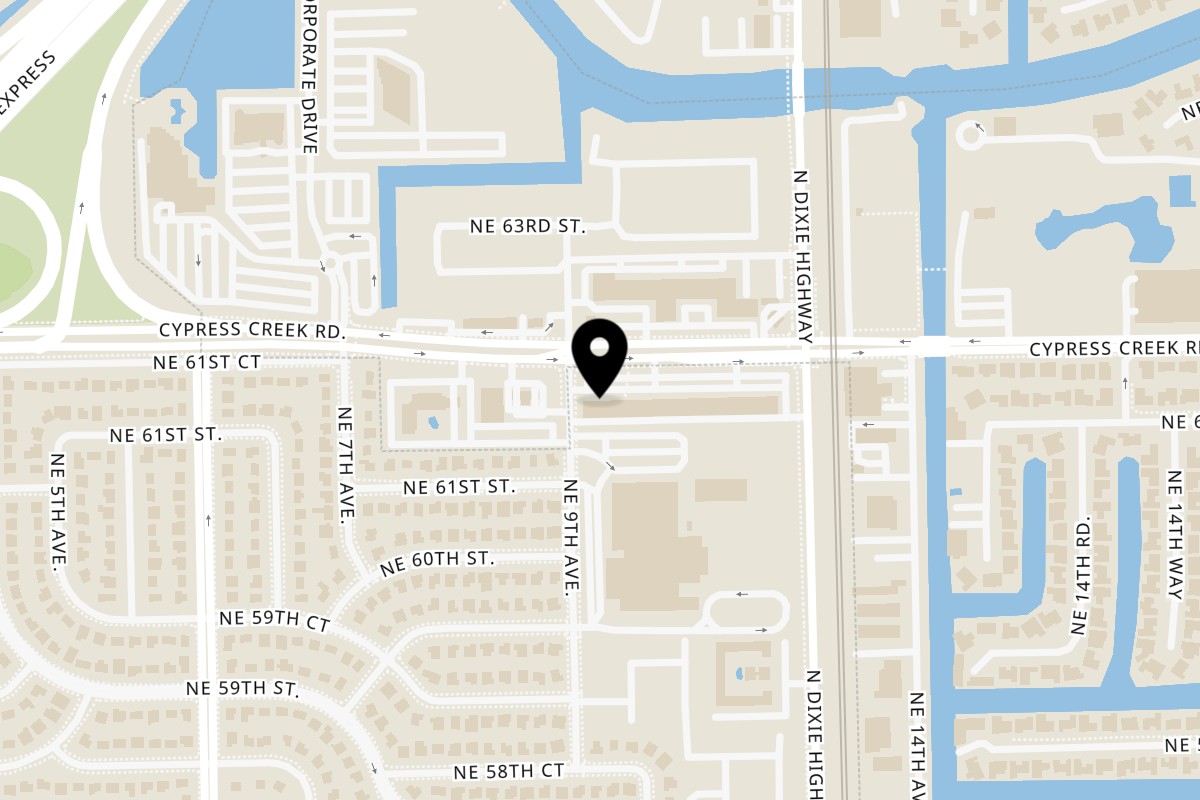 Map showing the location of Downtown Grill and Pizza Kitchen on 906 E Cypress Creek Rd in Fort Lauderdale